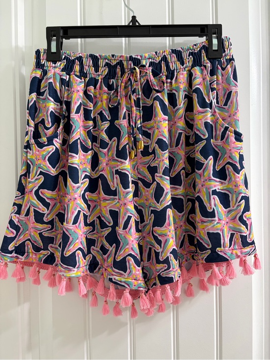 Simply Southern Pants - Simply Southern Navy Starfish Pull-on Shorts with Pink Tassel Hem L/XL